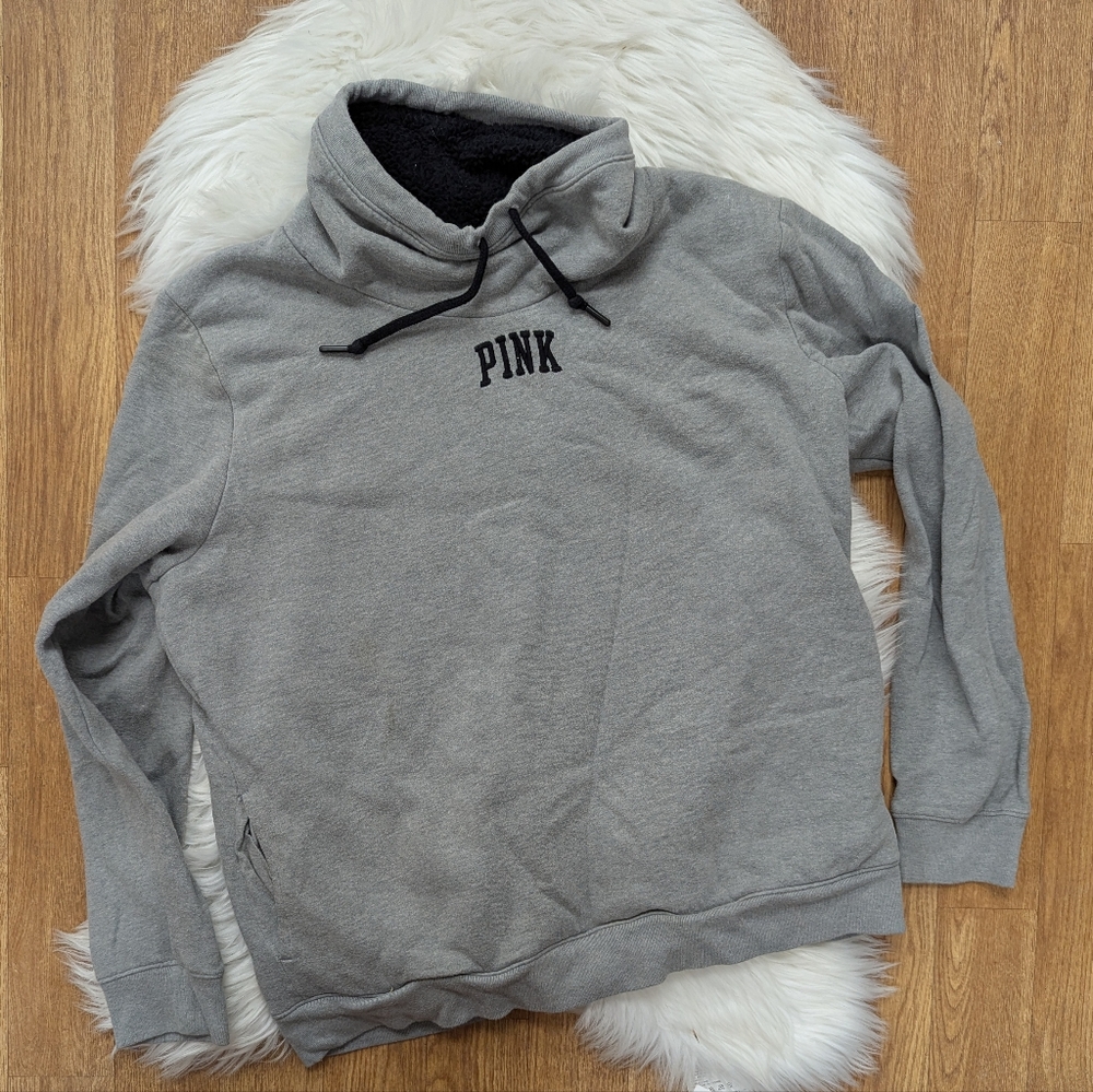 PINK Victoria's Secret Sherpa Lined Pull Over Funnel Neck Hoodie Gray